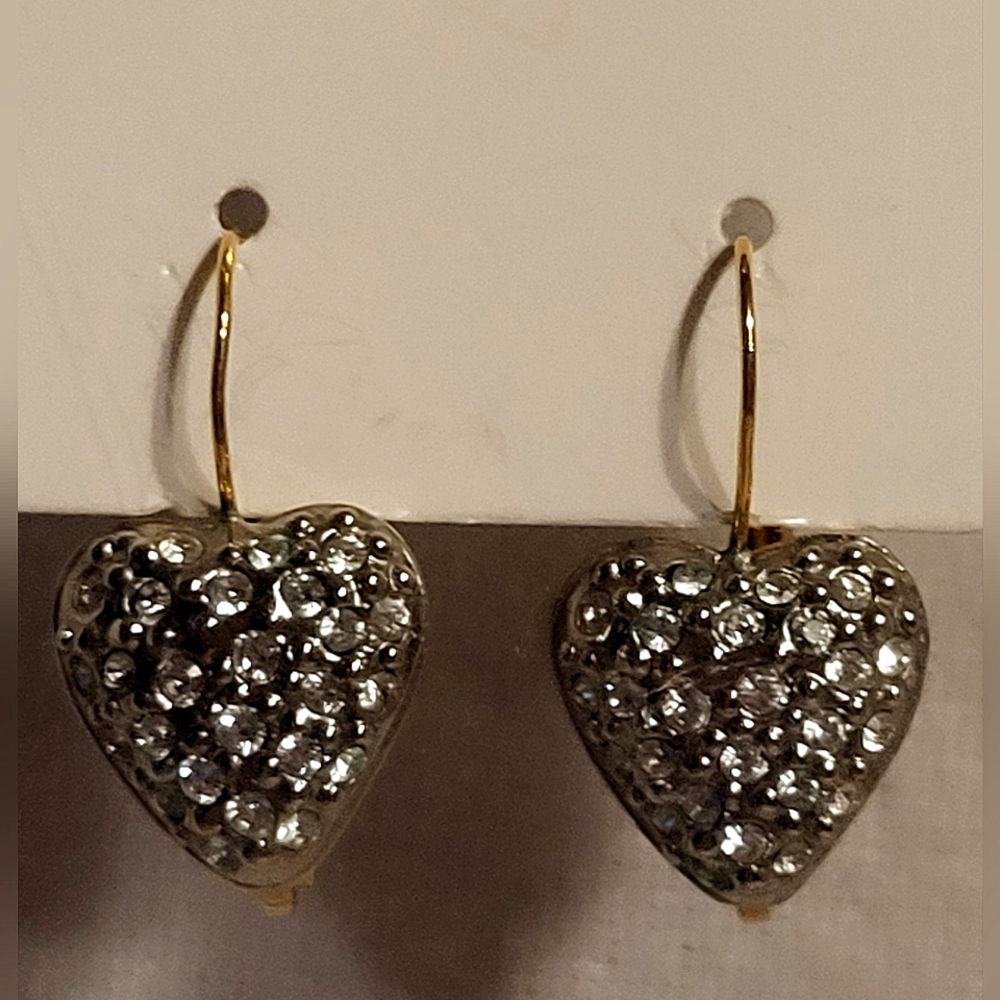 Vintage 90s Butler Goldtone Heart Earrings with Clear Rhinestones